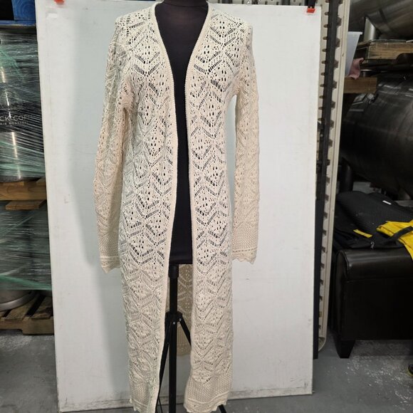 Freshmen Cream Crochet Long Duster Open Cardigan Sweater Size Medium - Picture 10 of 10